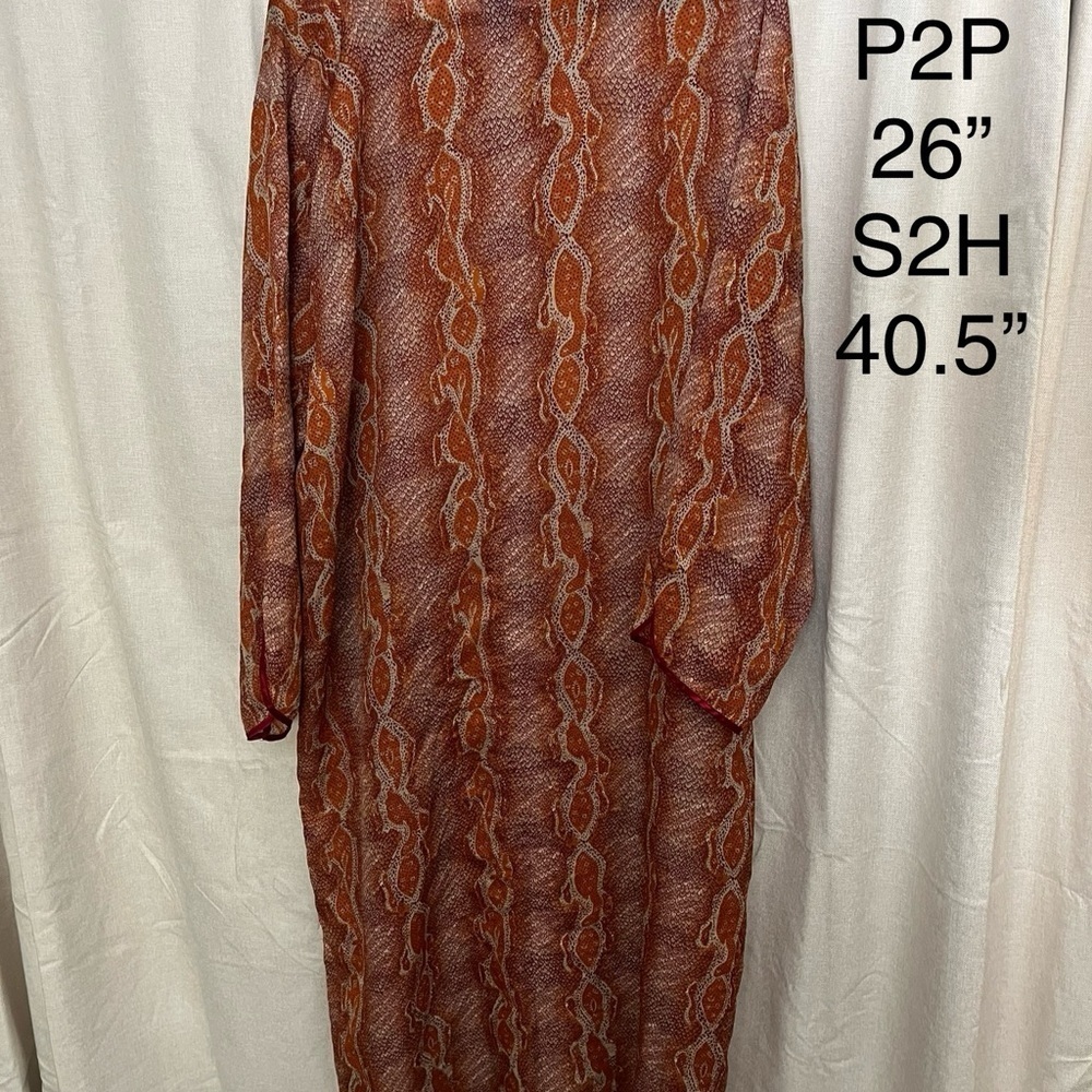 5/$45 Vintage 70s Long Semi Sheer Orange Snakeskin Kaftan by La Nuit - Picture 14 of 14